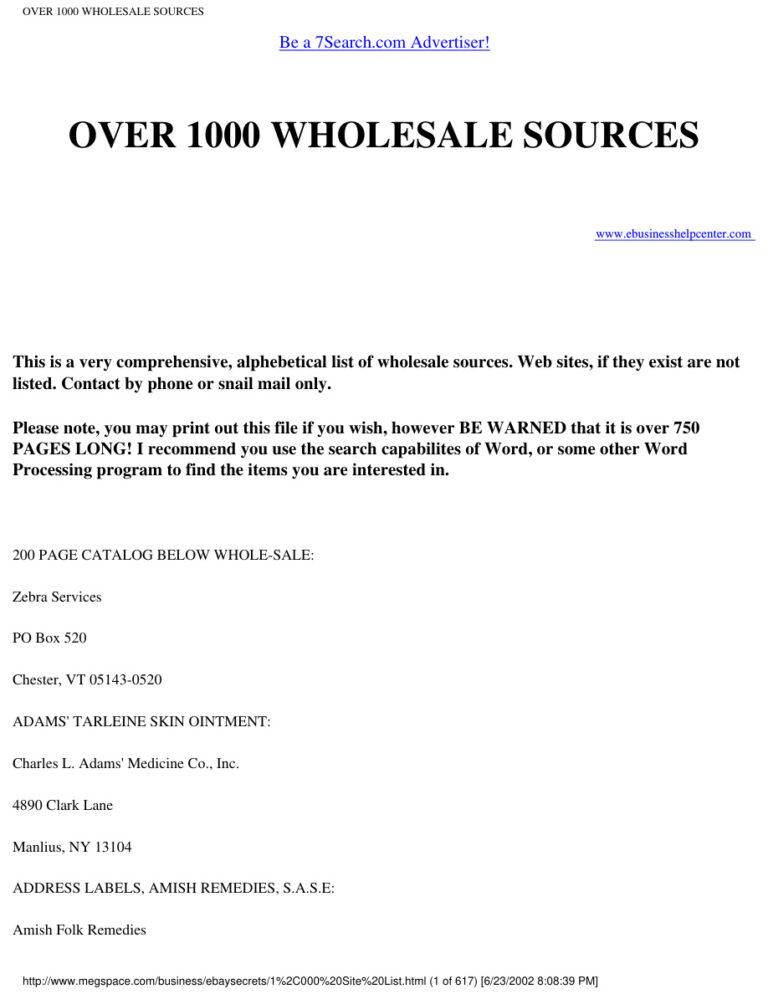 Over 1000 Wholesale Sources PDF Download – Unknown Author