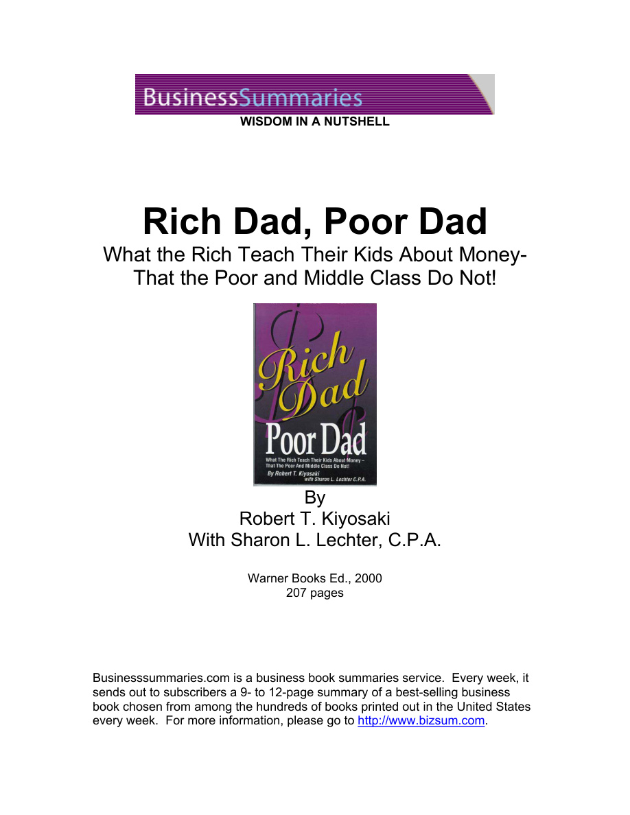 Rich Dad Poor Dad Business Summary PDF Download