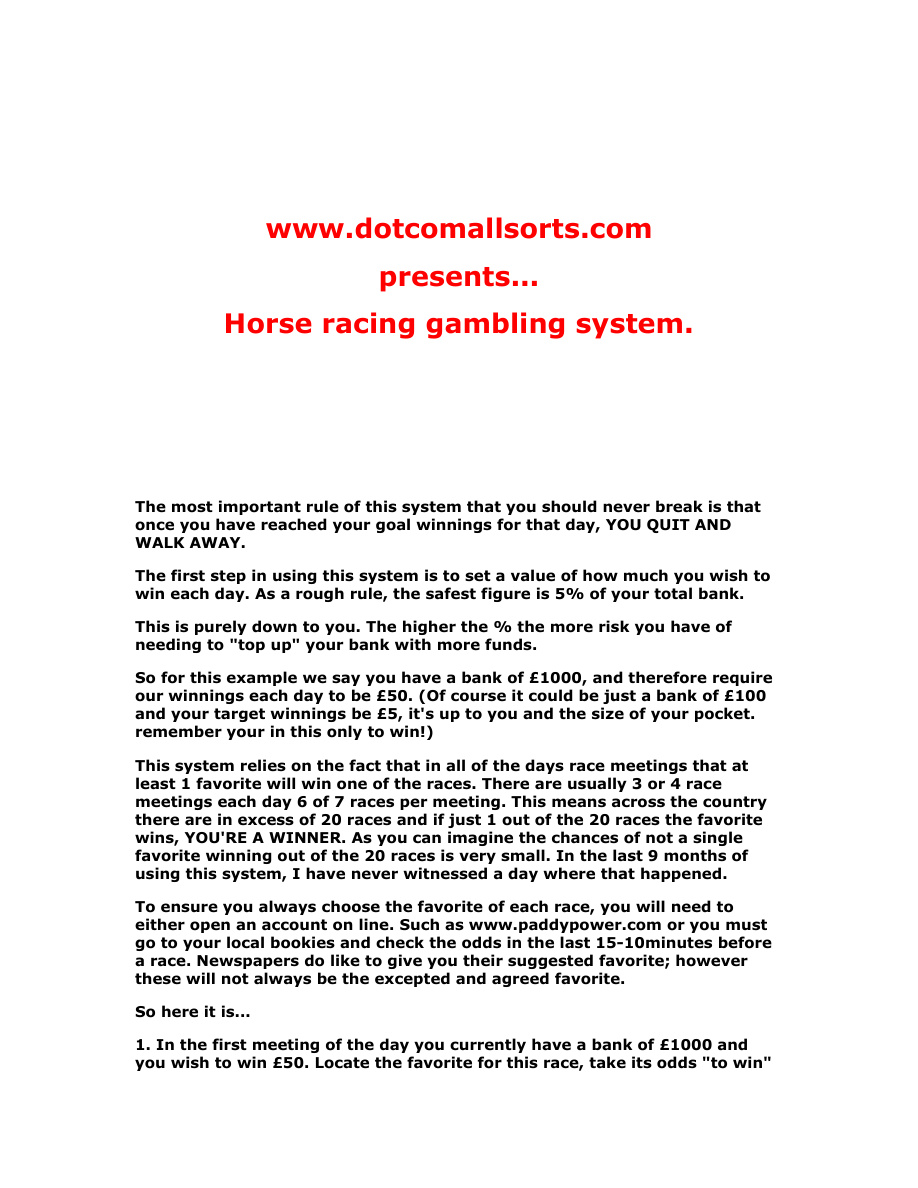 Horse Racing Gambling System PDF Download