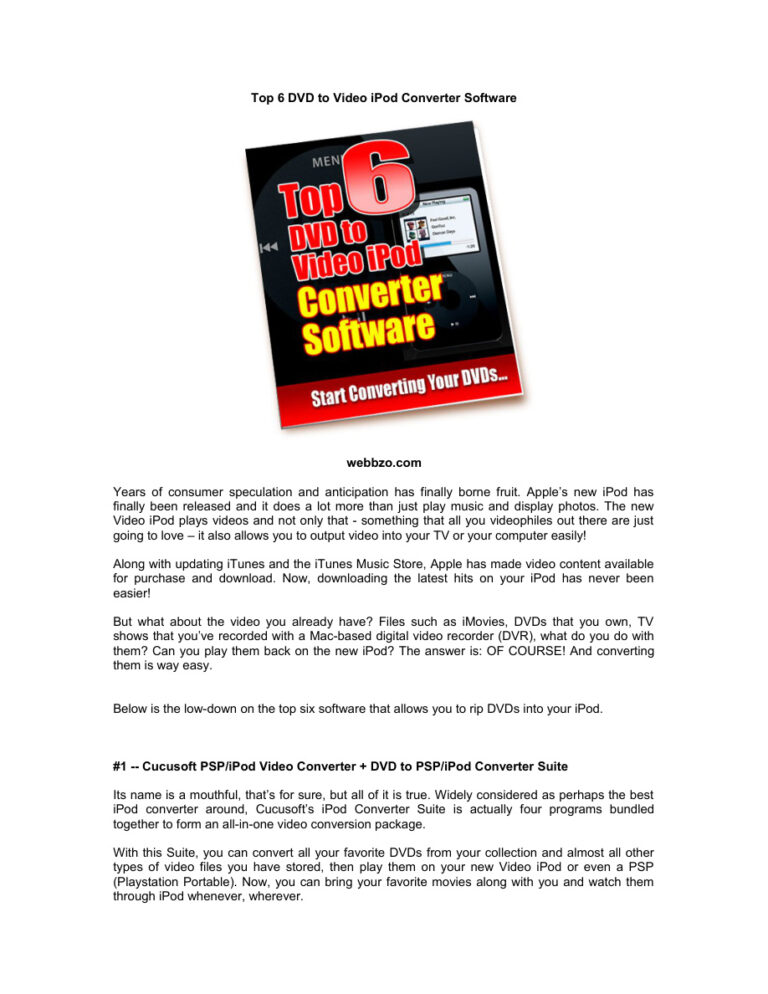 Top 6 DVD to Video iPod Converter Software PDF Download – Unknown Author