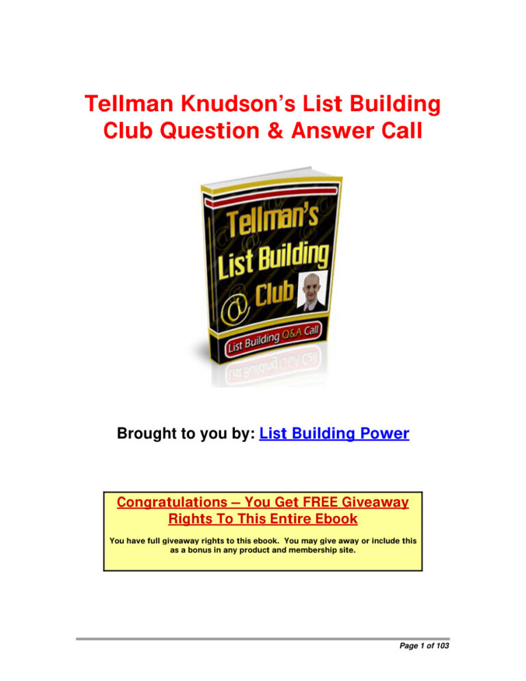 Tellman Knudson’s List Building Club Question & Answer Call PDF Download – Tellman Knudson