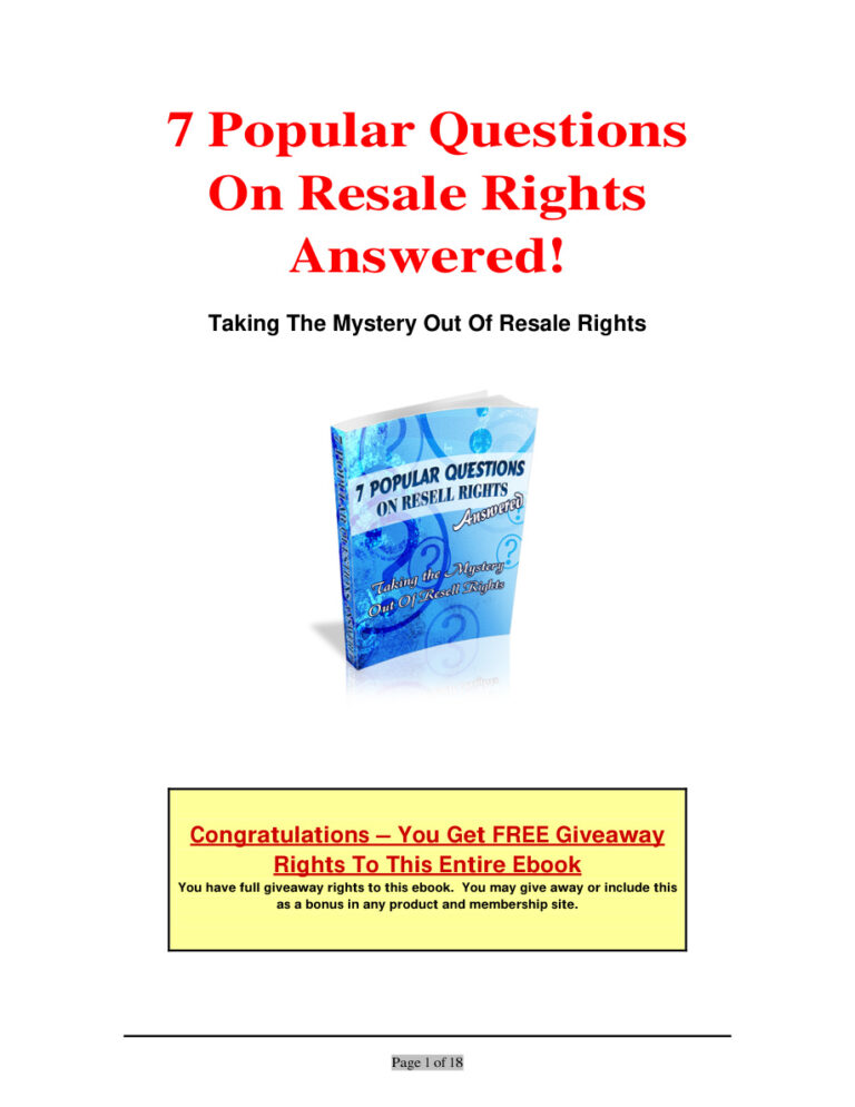 7 Popular Questions on Resale Rights Answered PDF Download – Unknown Author