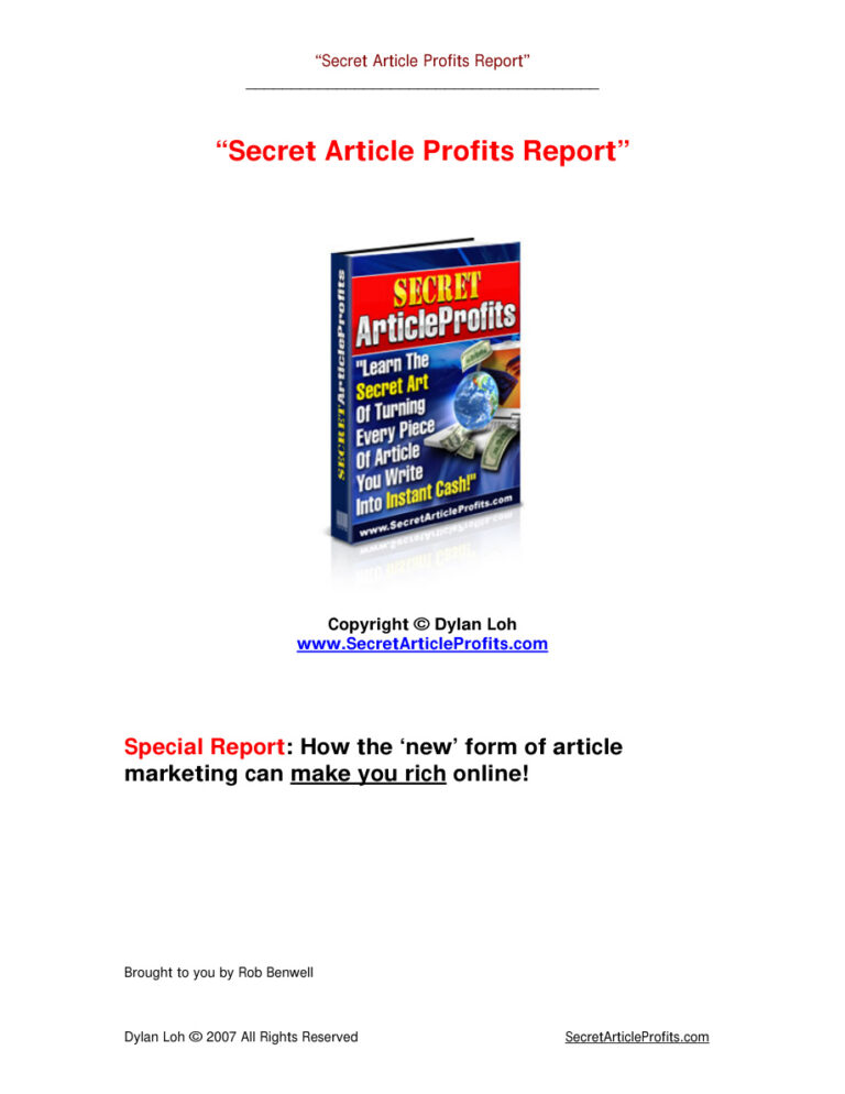 Secret Article Profits Report PDF Download – Unknown Author