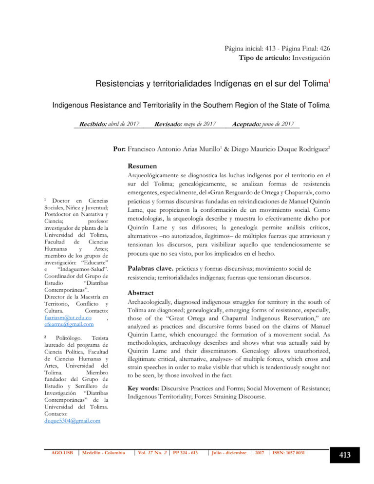 Resistencias y territorialidades indigenas en el sur del Tolima Spanish Edition Francisco Arias y Diego Duque Kitap Kapağı