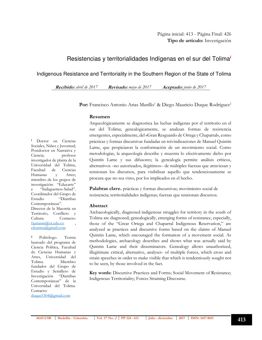Resistencias y territorialidades indígenas en el sur del Tolima PDF Download