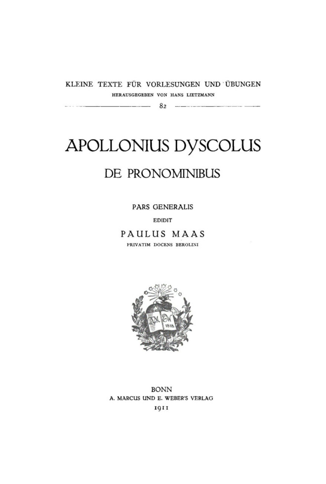 De Pronominibus Greek Edition Dyscolus Apollonius Kitap Kapağı