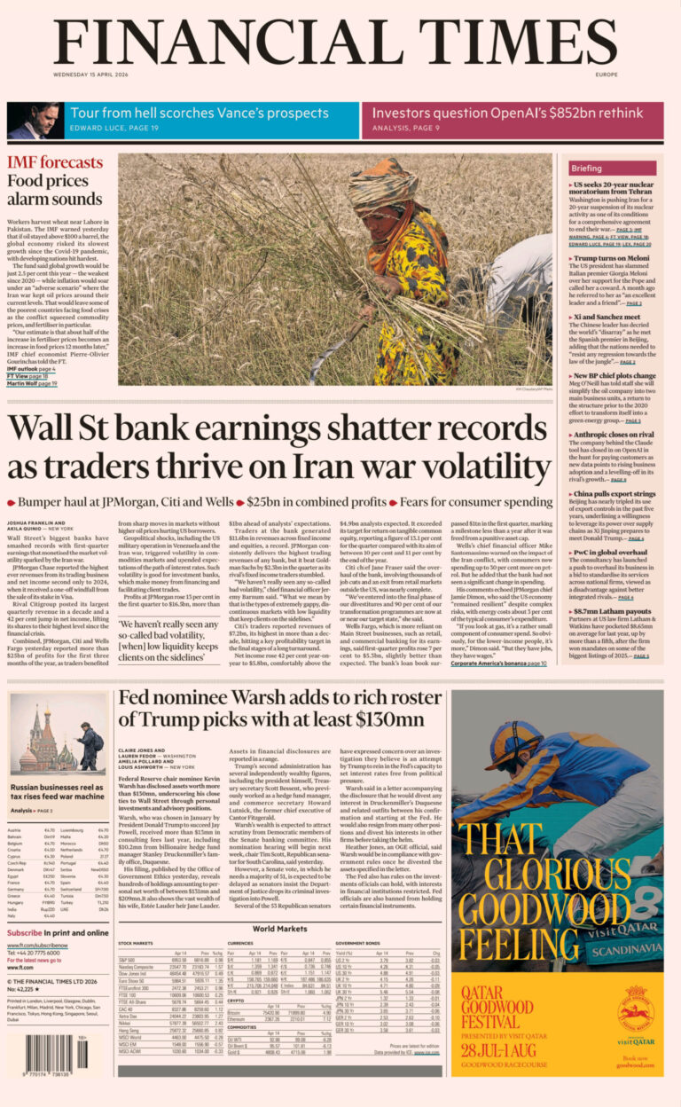 Financial Times Europe 15 April 2026 Financial Times Europe Kitap Kapağı