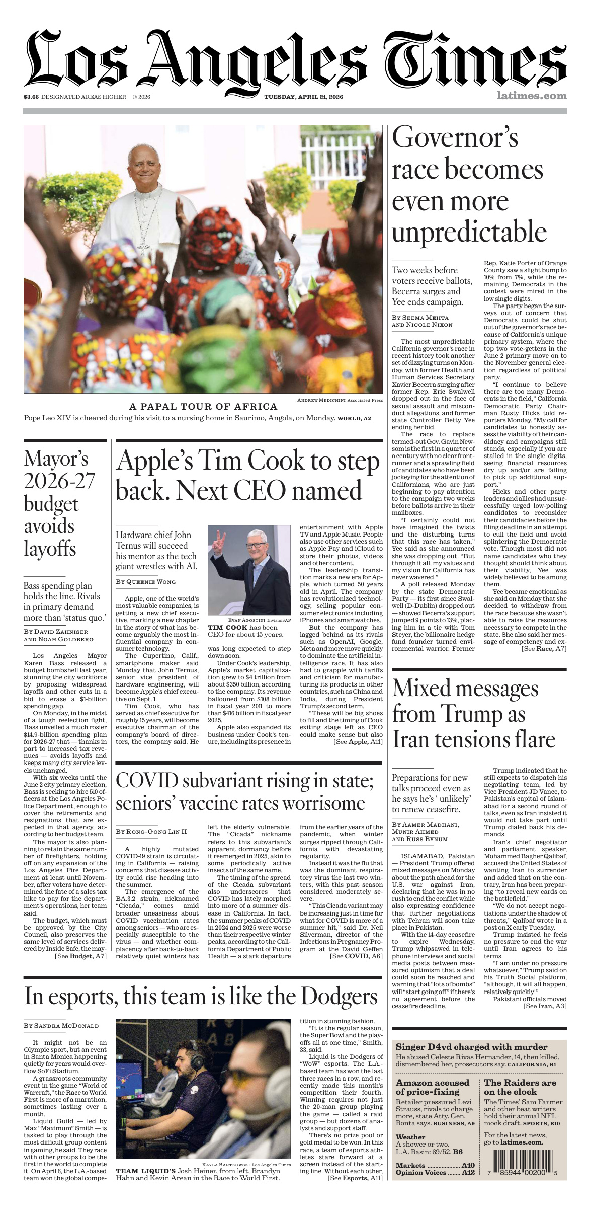 Los Angeles Times April 21 2026 Los Angeles Times Kitap Kapağı