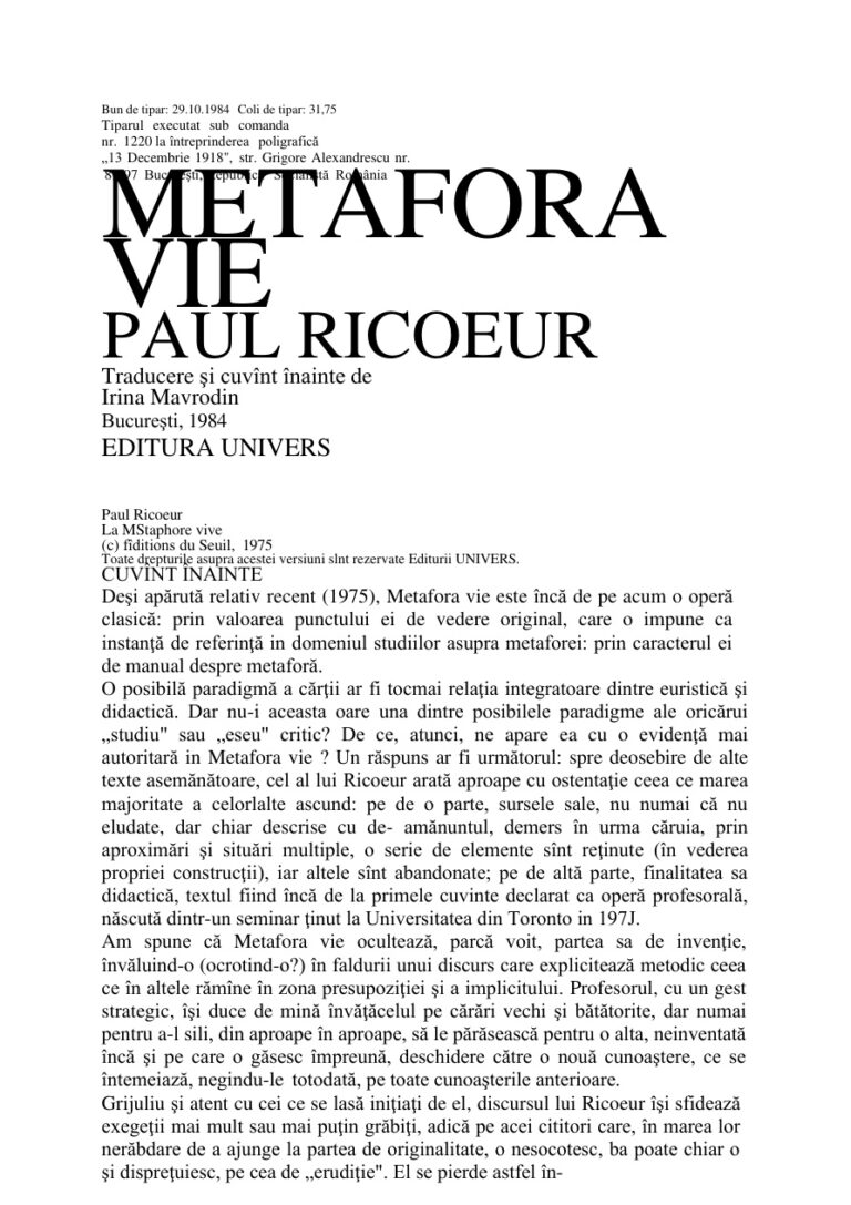 Metafora vie Romanian Edition Paul Ricoeur Kitap Kapağı
