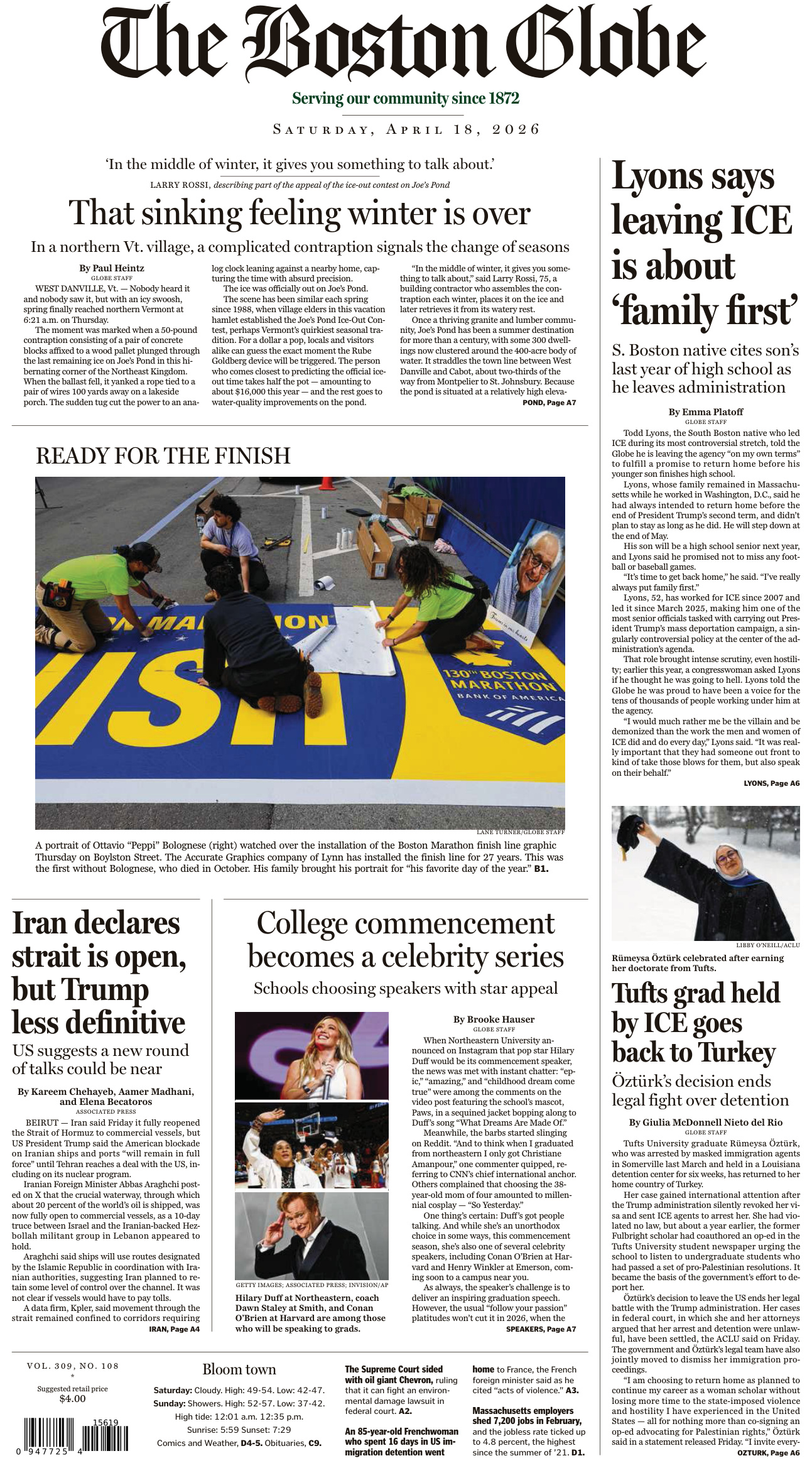 The Boston Globe April 18 2026 The Boston Globe Kitap Kapağı