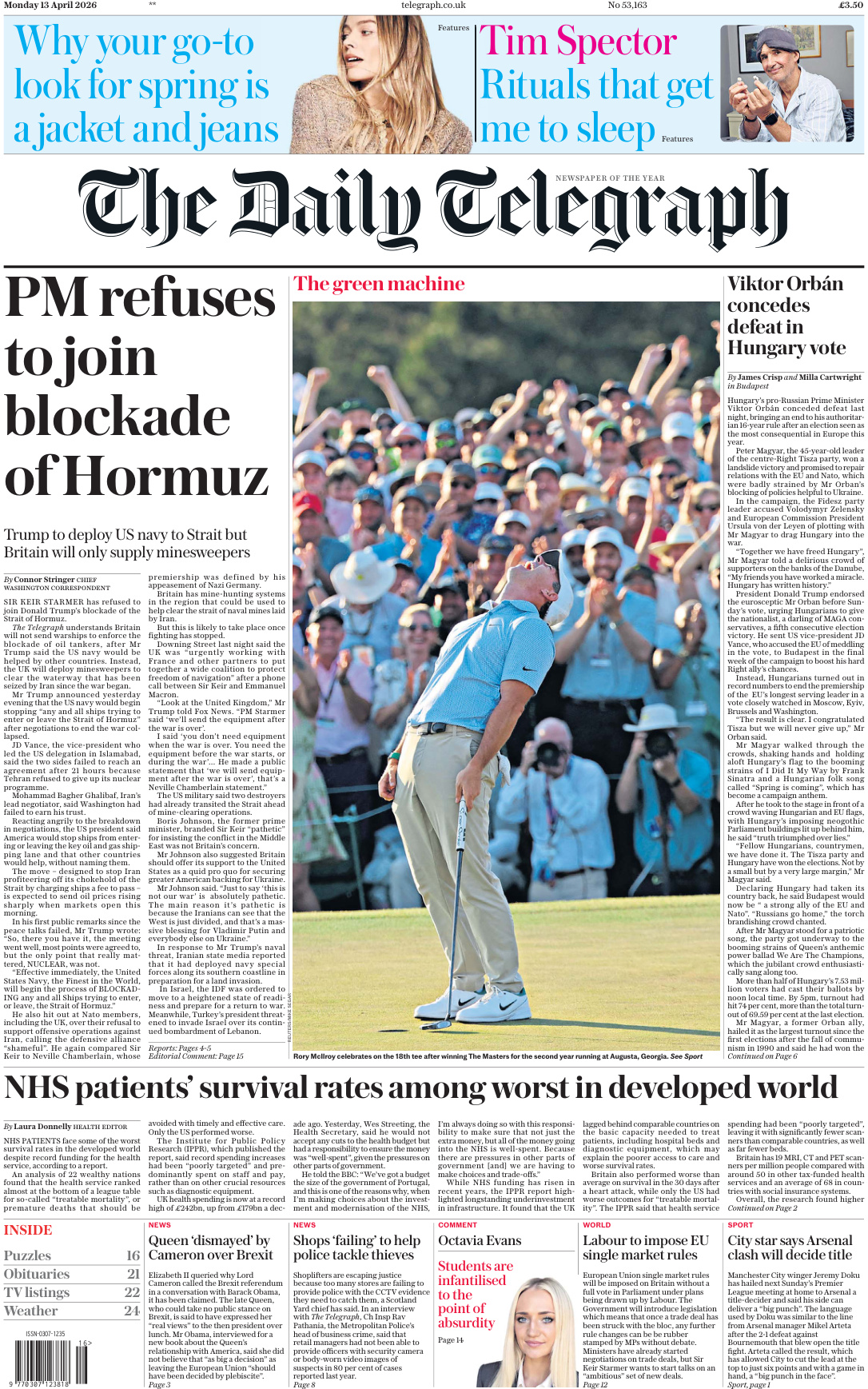 The Daily Telegraph 13 April 2026 The Daily Telegraph Kitap Kapağı