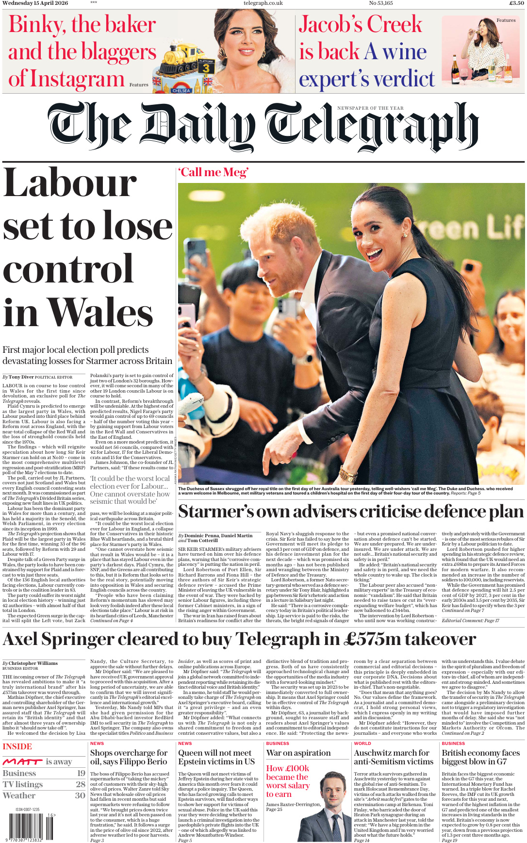 The Daily Telegraph 15 April 2026 The Daily Telegraph Kitap Kapağı
