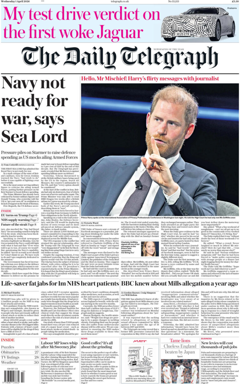 The Daily Telegraph 1 April 2026 The Daily Telegraph Kitap Kapağı