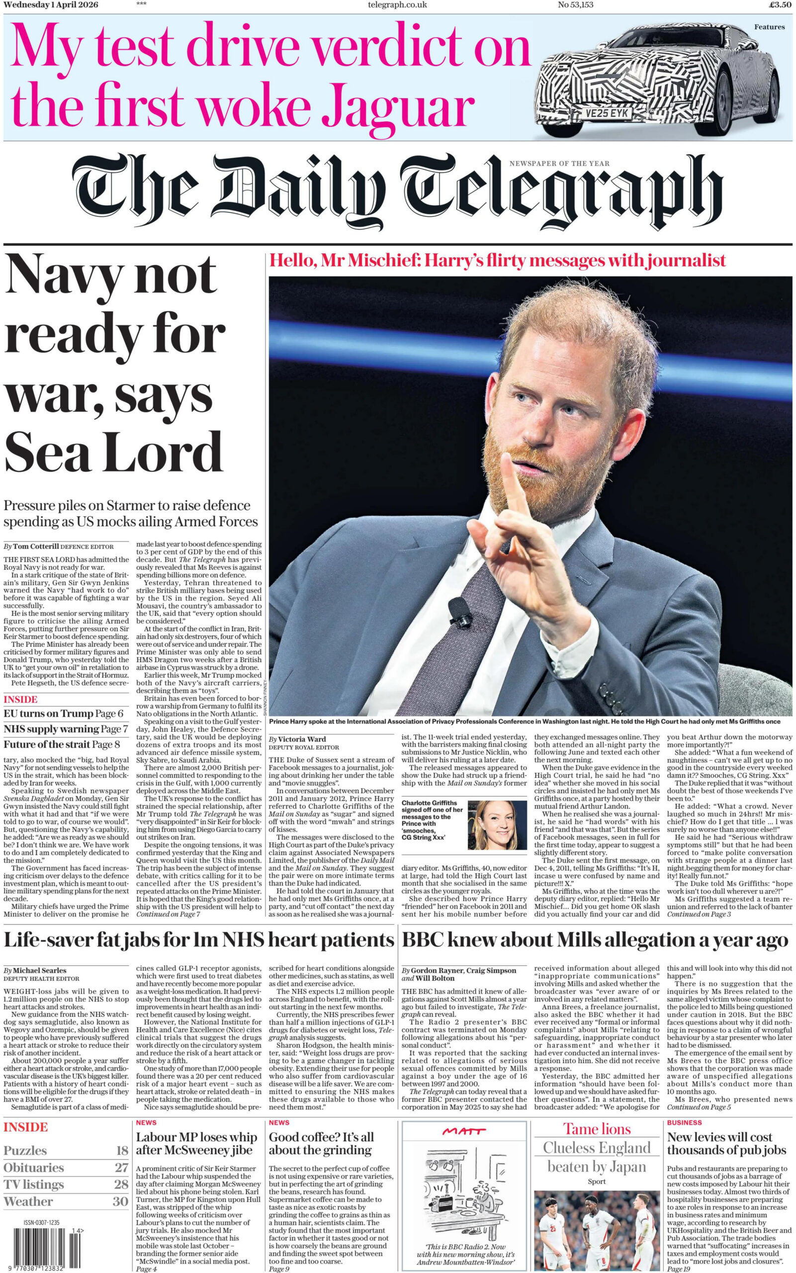 The Daily Telegraph 1 April 2026 The Daily Telegraph Kitap Kapağı