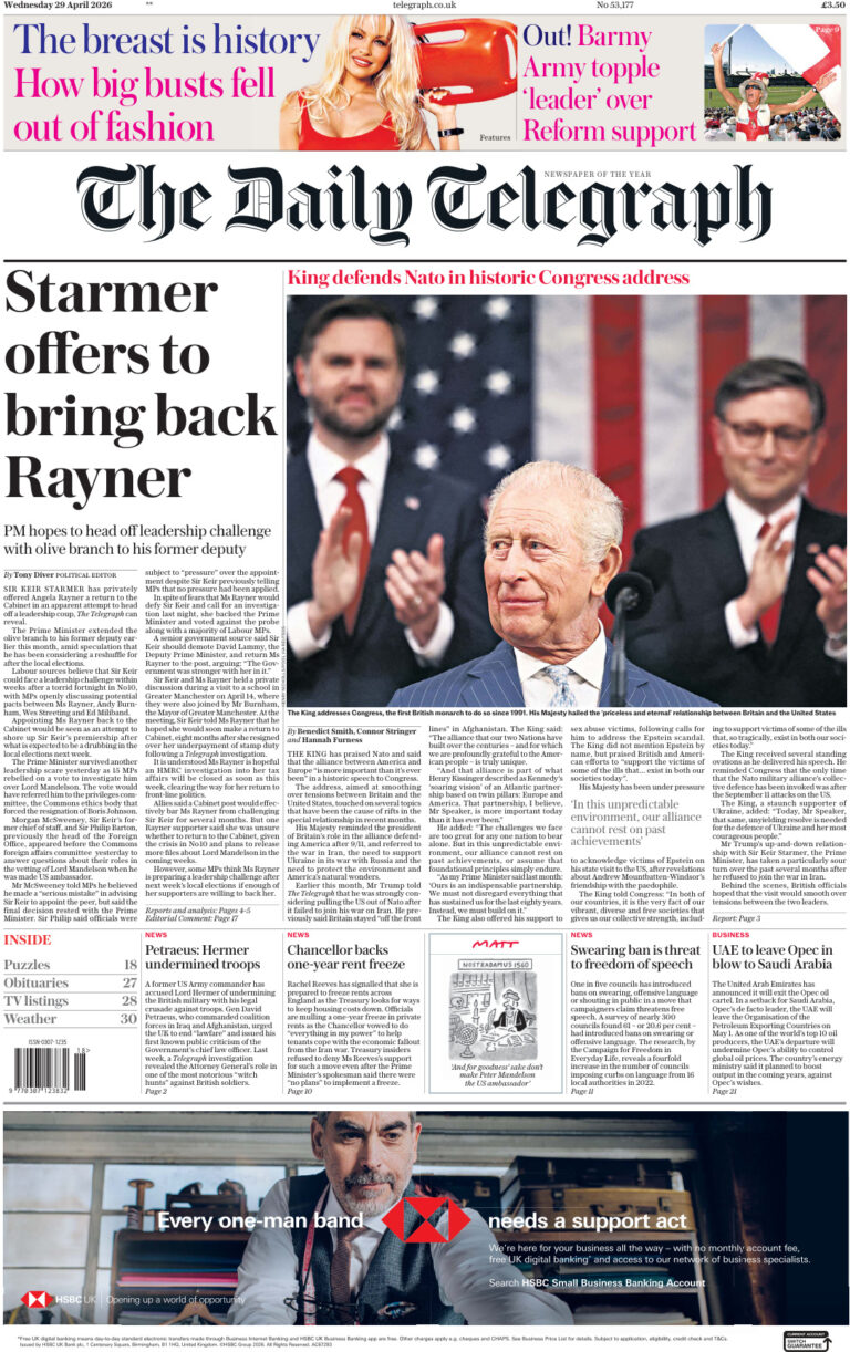 The Daily Telegraph 29 April 2026 The Daily Telegraph Kitap Kapağı