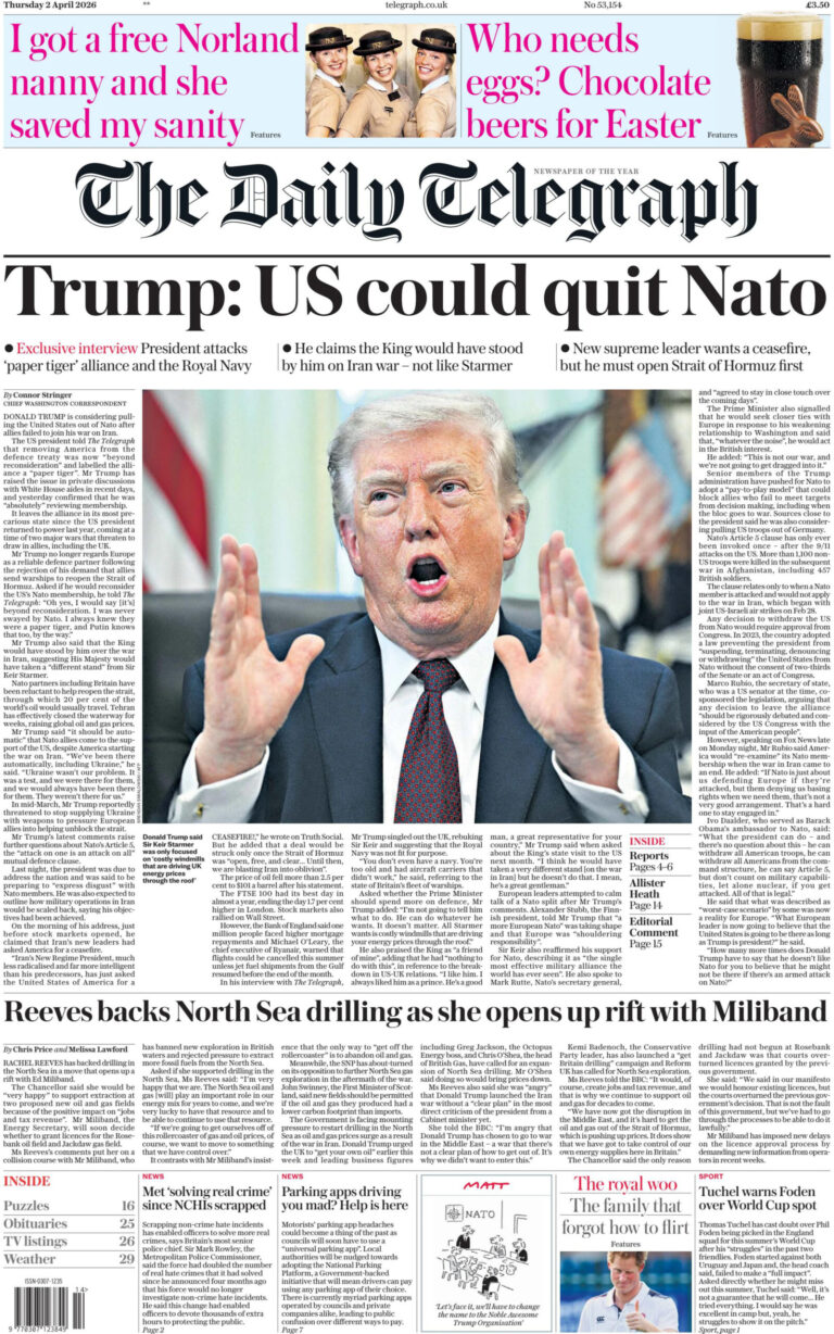 The Daily Telegraph 2 April 2026 The Daily Telegraph Kitap Kapağı