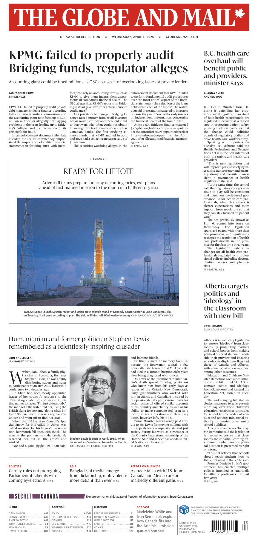 The Globe and Mail OttawaQuebec Edition April 01 2026 The Globe and Mail Kitap Kapağı