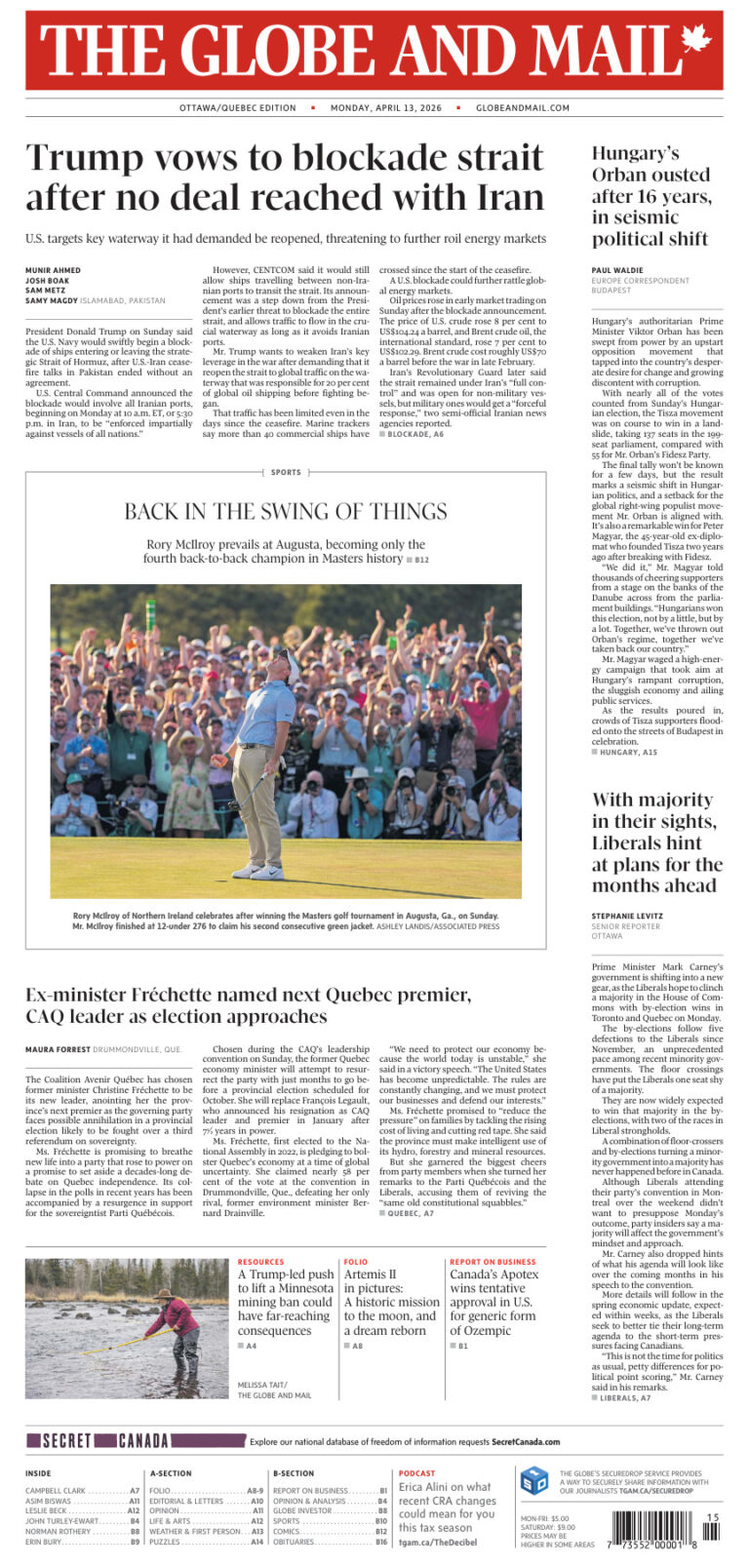 The Globe and Mail OttawaQuebec Edition April 13 2026 The Globe and Mail Kitap Kapağı