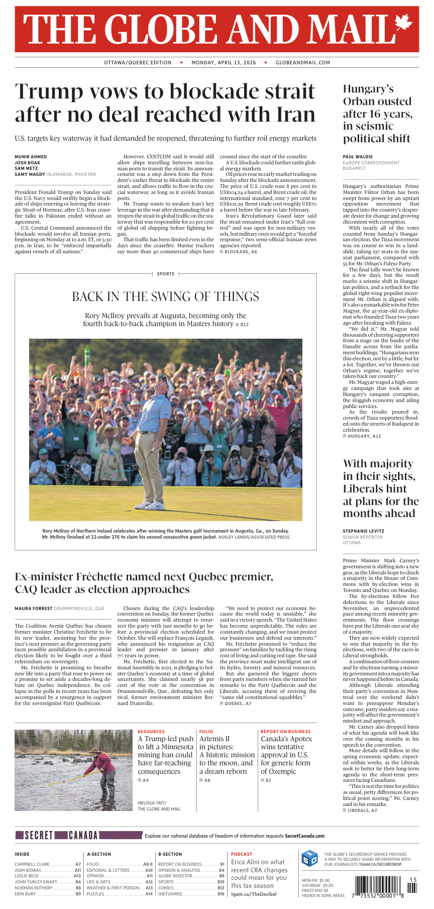 The Globe and Mail OttawaQuebec Edition April 13 2026 The Globe and Mail Kitap Kapağı