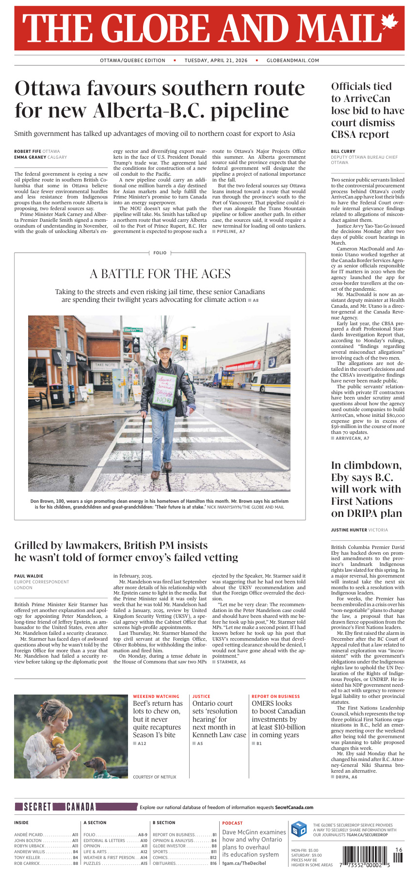 The Globe and Mail OttawaQuebec Edition April 21 2026 The Globe and Mail Kitap Kapağı