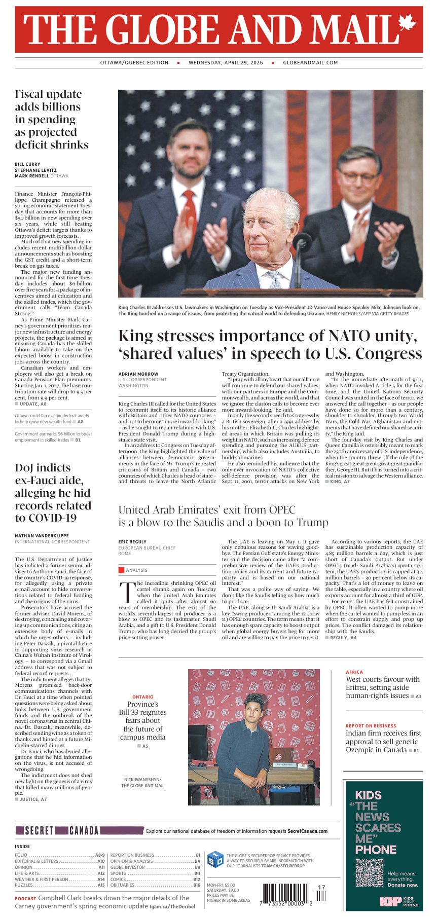 The Globe and Mail OttawaQuebec Edition April 29 2026 The Globe and Mail Kitap Kapağı