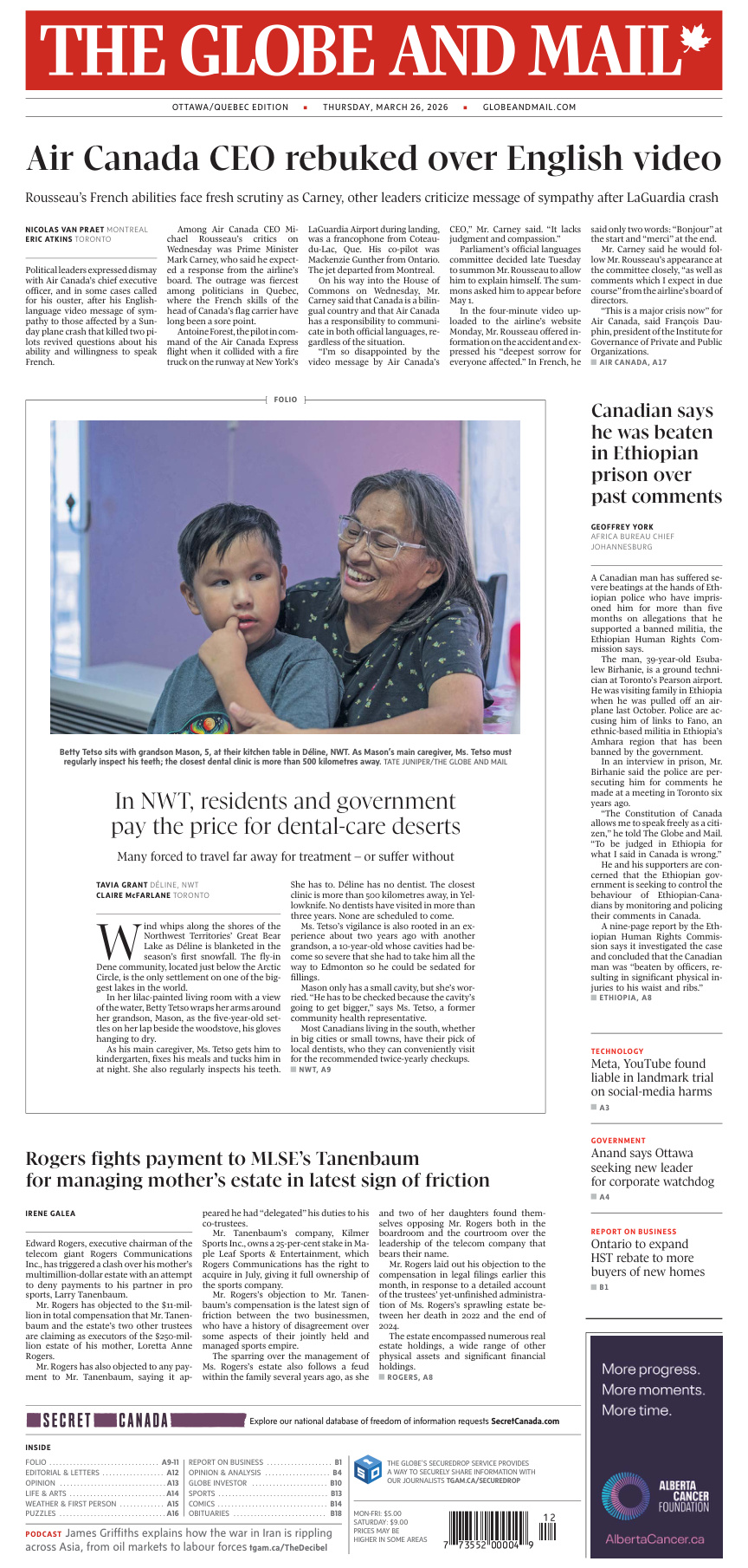 The Globe and Mail OttawaQuebec Edition March 26 2026 The Globe and Mail Kitap Kapağı