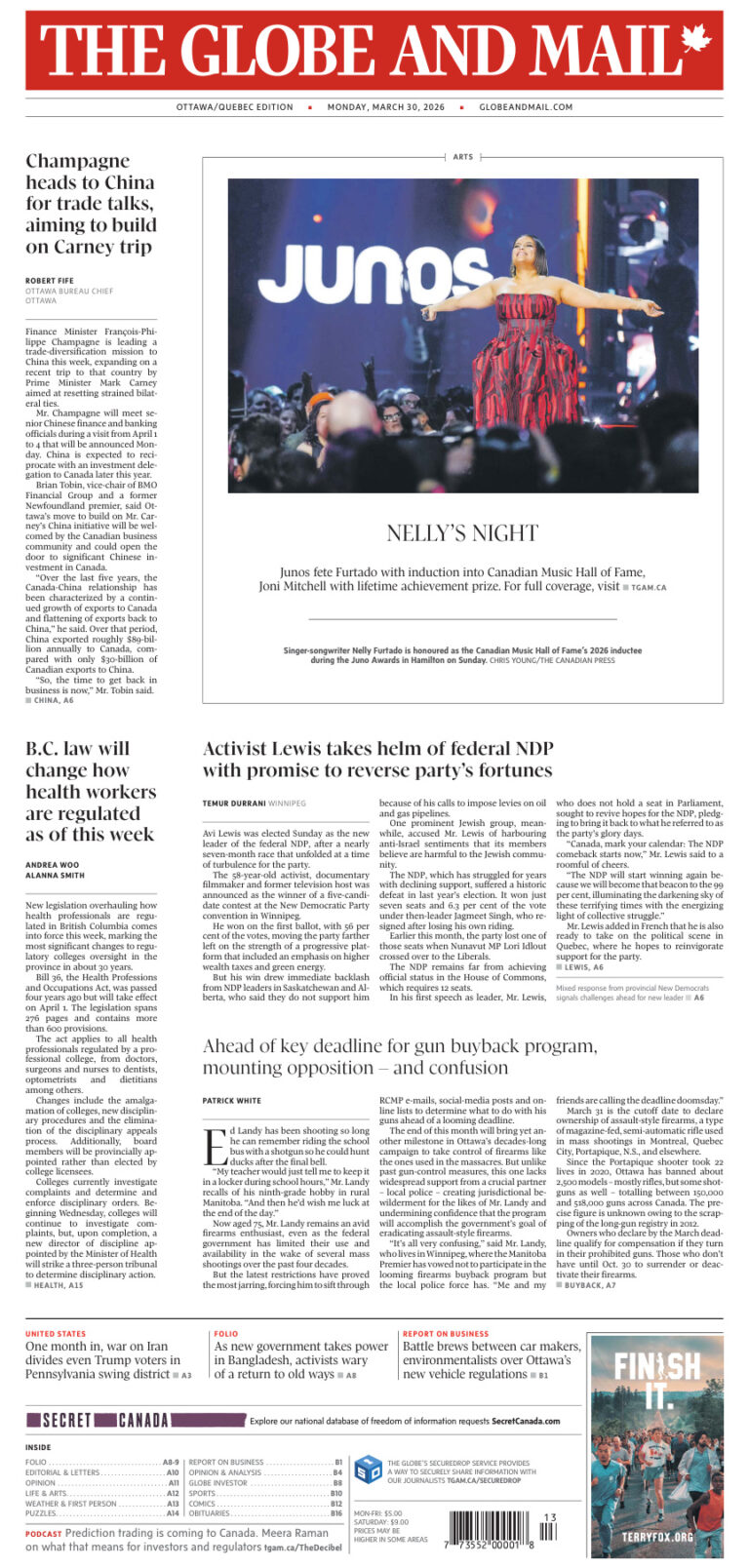 The Globe and Mail OttawaQuebec Edition March 30 2026 The Globe and Mail Kitap Kapağı
