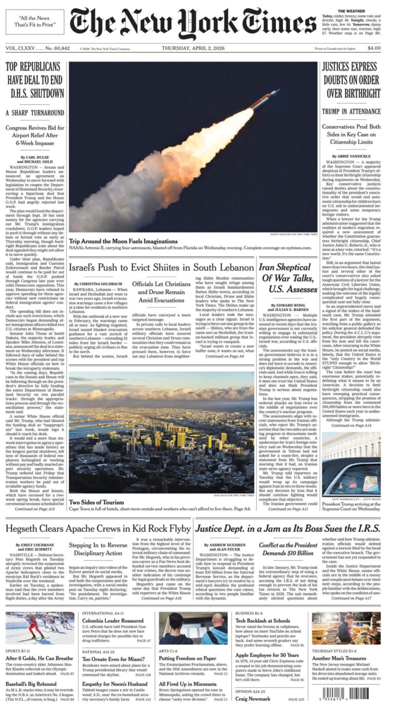 The New York Times 02 April 2026 The New York Times Kitap Kapağı
