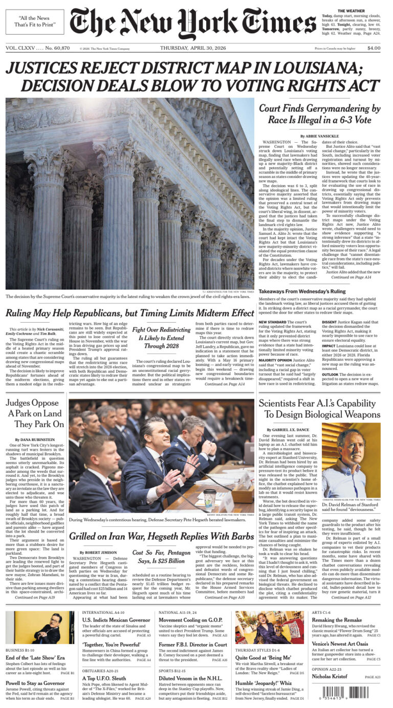 The New York Times 30 April 2026 The New York Times Kitap Kapağı
