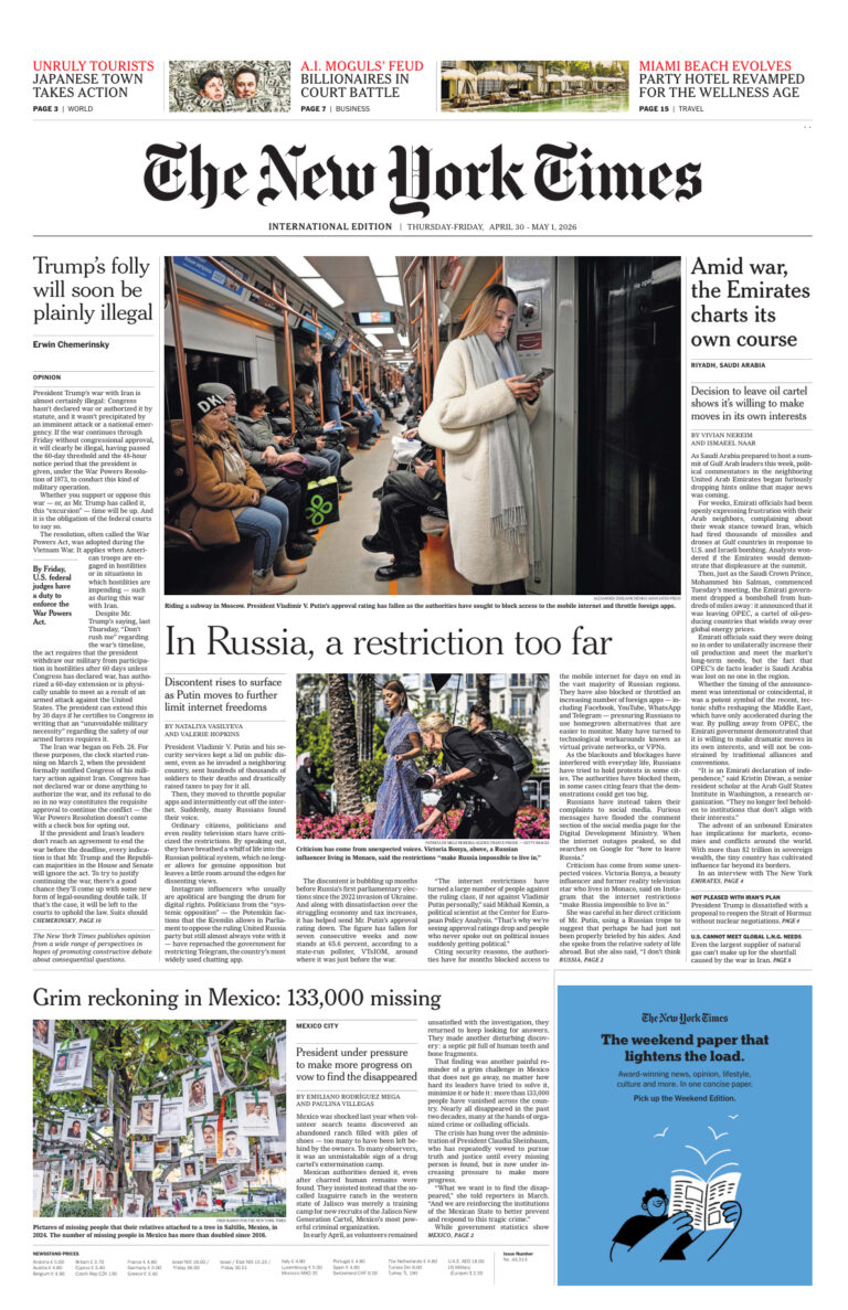 The New York Times International April 30 2026 The New York Times International Kitap Kapağı