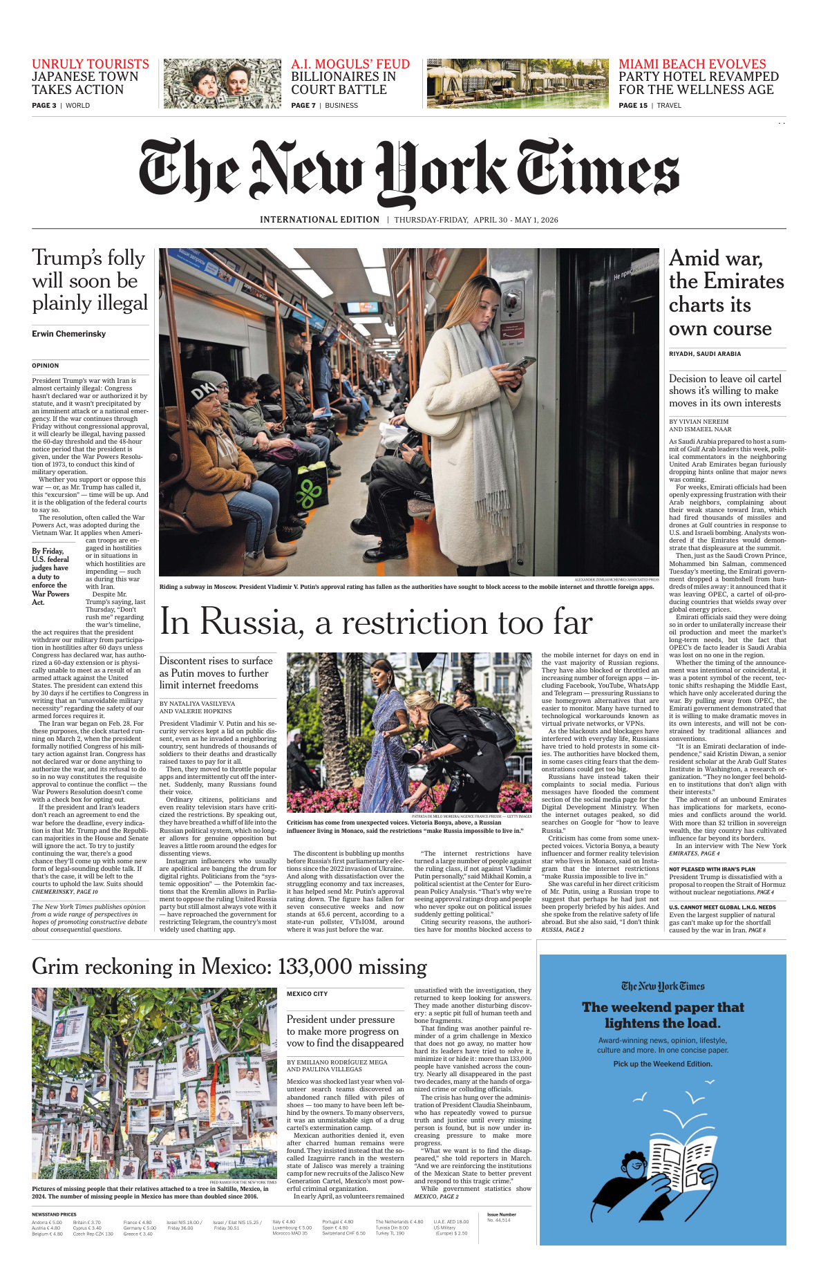 The New York Times International April 30 2026 The New York Times International Kitap Kapağı