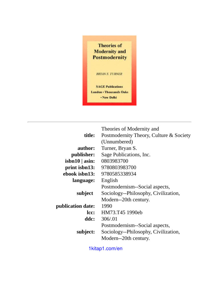 Theories of modernity and postmodernity Bryan S turner Kitap Kapağı
