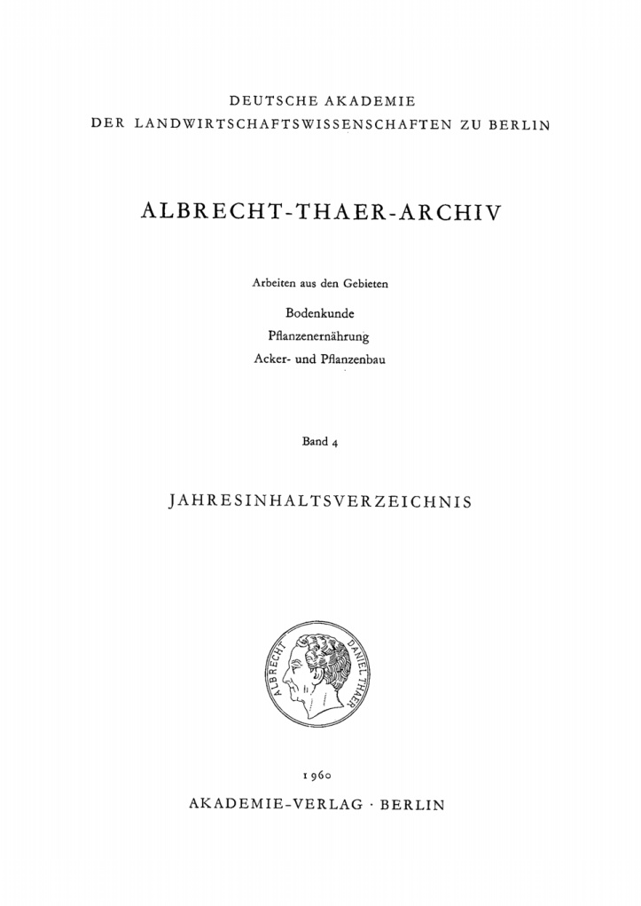 Albrecht Thaer Archiv Band 4 Heft 1 German Edition Deutsche Akademie Der Landwirtschaftswissenschaften Kitap Kapağı
