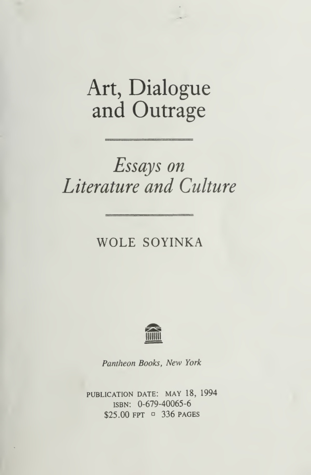Art Dialogue and Outrage Wole Soyinka Kitap Kapağı