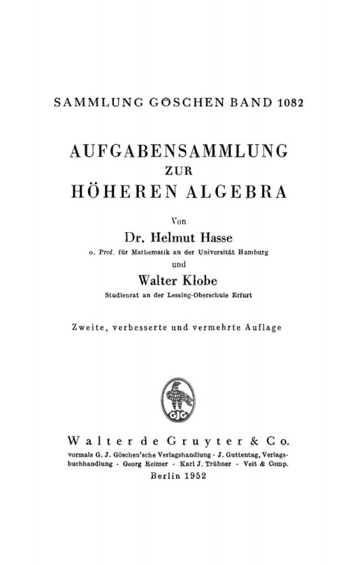 Aufgabensammlung zur hoheren Algebra German Edition Helmut Hasse Kitap Kapağı
