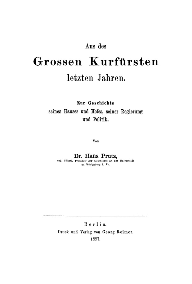 Aus des Grossen Kurfursten letzten Jahren German Edition Hans Prutz Kitap Kapağı