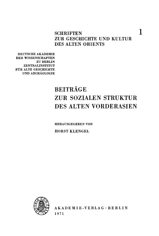 Beitrage zur sozialen Struktur des Alten Vorderasien German Edition Horst Klengel Kitap Kapağı