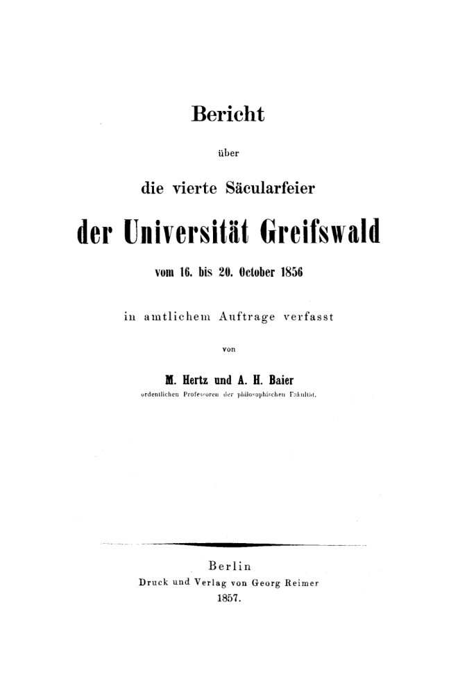 Bericht uber die vierte Sacularfeier der Universitat Greifswald vom 16 bis 20 October 1856 German Edition M Hertz Kitap Kapağı