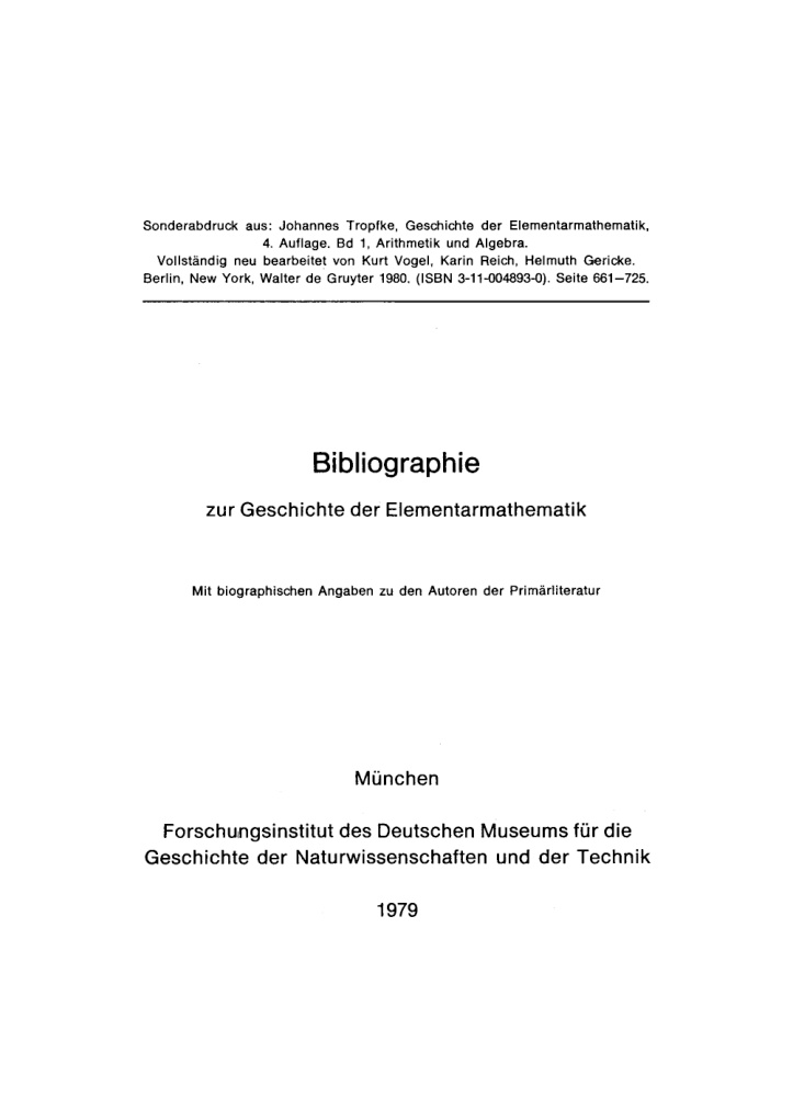 Bibliographie zur Geschichte der Elementarmathematik German Edition Johannes Tropfke Kitap Kapağı