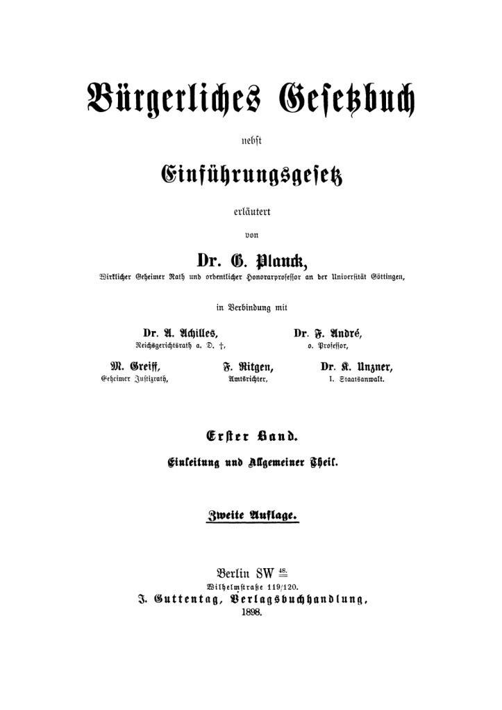 Burgerliches Gesetzbuch nebst Einfuhrungsgesetz Band 1 Einleitung und Allgemeiner Theil German Edition Alexander Achilles Kitap Kapağı