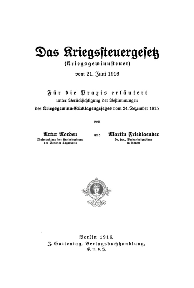 Das Kriegssteuergesetz vom 21 Juni 1916 German Edition Artur Norden Kitap Kapağı