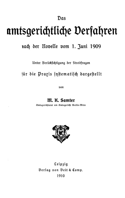 Das amtsgerichtliche Verfahren nach der Novelle vom 1 Juni 1909 German Edition M K Samter Kitap Kapağı