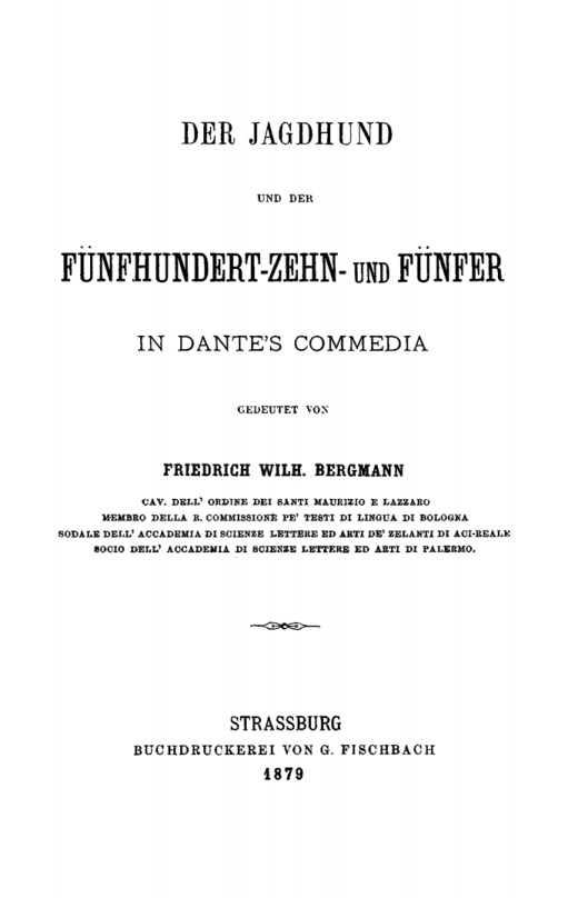 Der Jagdhund und der Funfhundert Zehn und Funfer in Dantes Commedia German Edition Friedrich Wilh Bergmann Kitap Kapağı