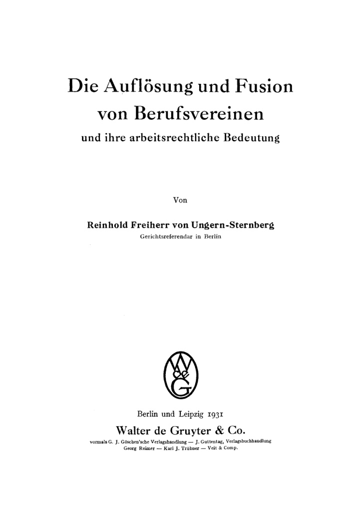 Die Auflosung und Fusion von Berufsvereinen German Edition Reinhold Ungern Sternberg Kitap Kapağı