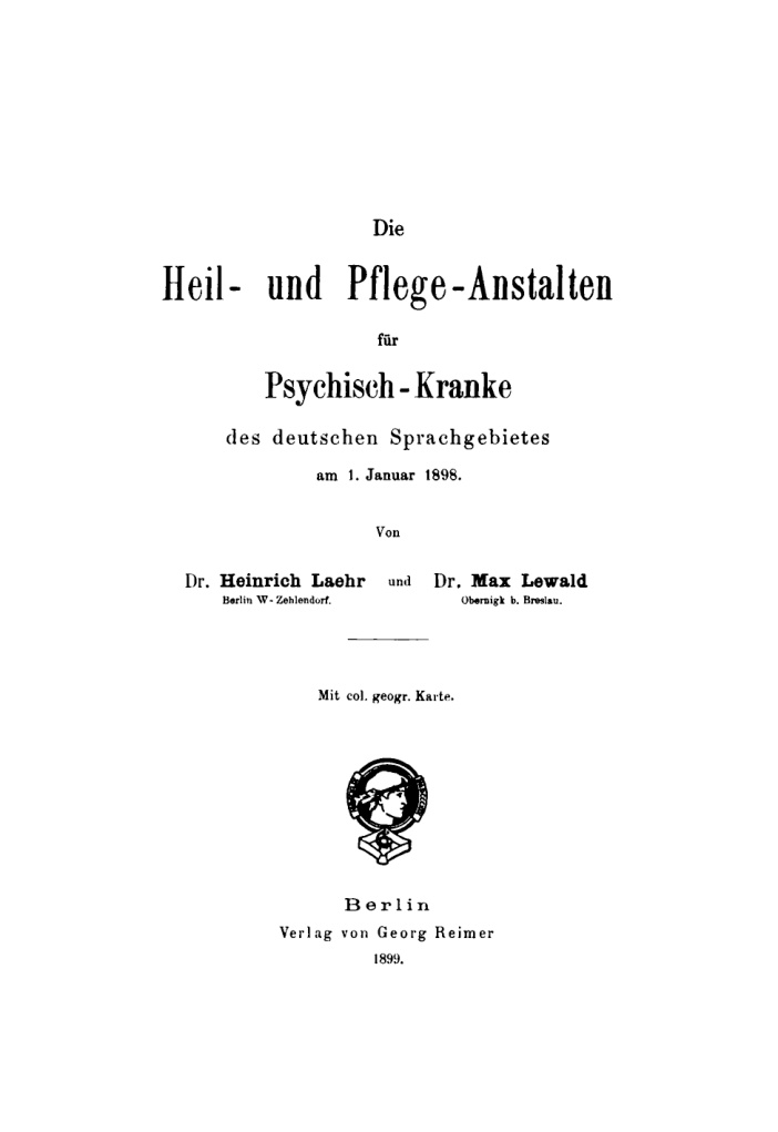 Die Heil und Pflege Anstalten fur Psychisch Kranke des deutschen Sprachgebietes am 1 Januar 1898 German Edition Heinrich Laehr Kitap Kapağı