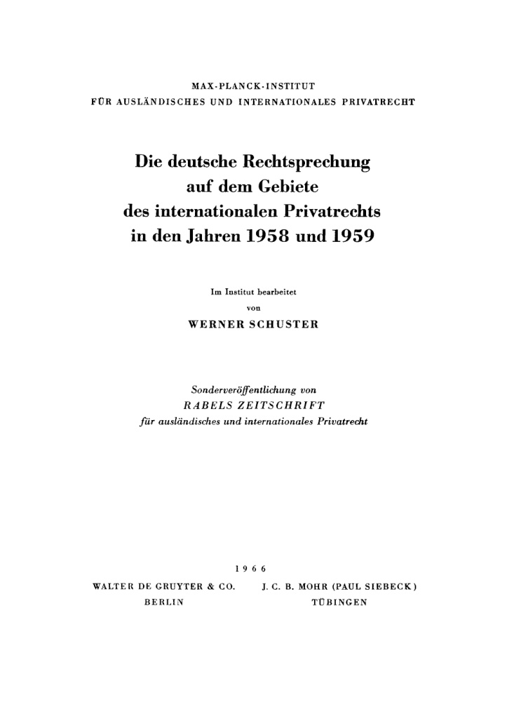 Die deutsche Rechtsprechung auf dem Gebiete des internationalen Privatrechts in den Jahren 1958 und 1959 German Edition Werner Schust Kitap Kapağı