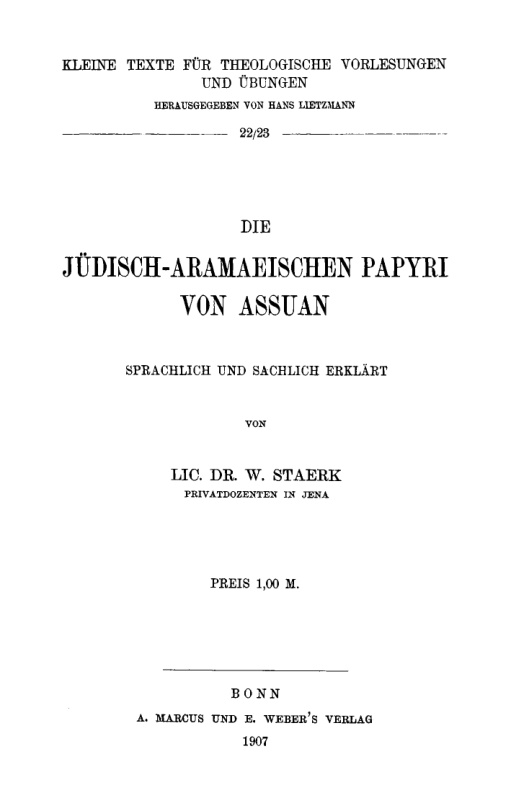 Die judisch aramaische Papyri von Assuan German Edition Willy Komm Staerk Kitap Kapağı