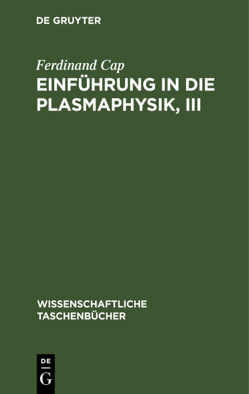 Einfuhrung in die Plasmaphysik III German Edition Ferdinand Cap Kitap Kapağı