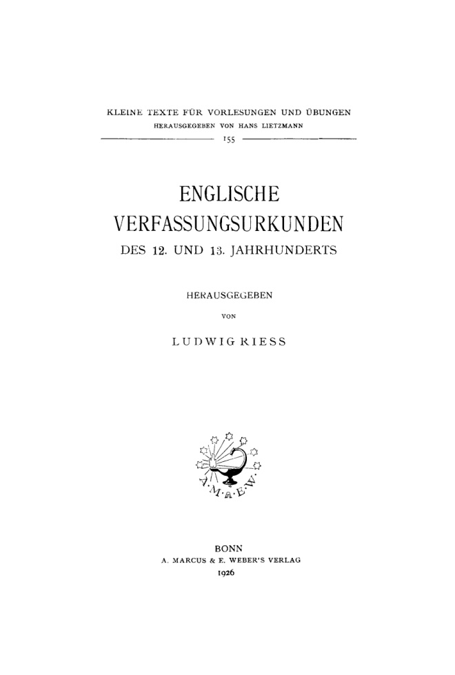 Englische Verfassungsurkunden des 12 und 13 Jahrhunderts German Edition Ludwig Riess Kitap Kapağı