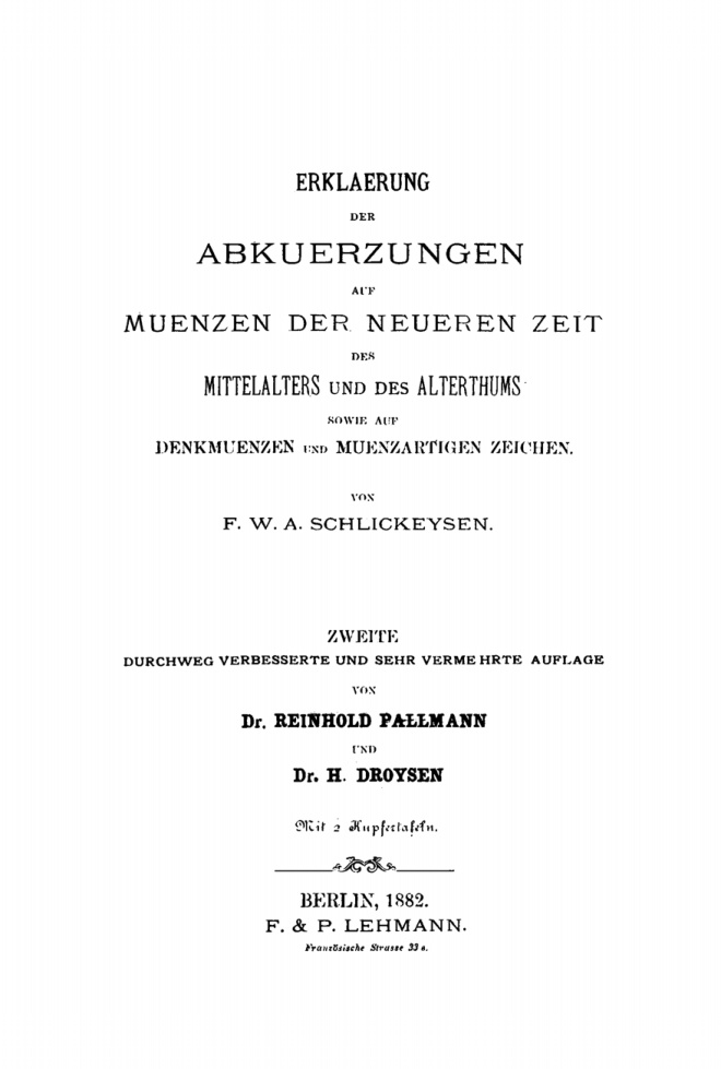 Erklaerung der Abkuerzungen auf Muenzen der neueren Zeit des Mittelalters um German Edition F W A Schlickeysen Kitap Kapağı